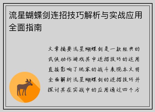 流星蝴蝶剑连招技巧解析与实战应用全面指南