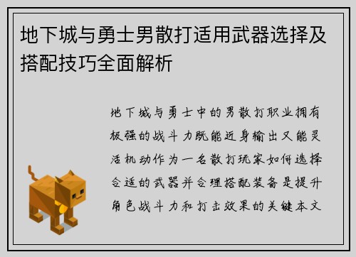 地下城与勇士男散打适用武器选择及搭配技巧全面解析